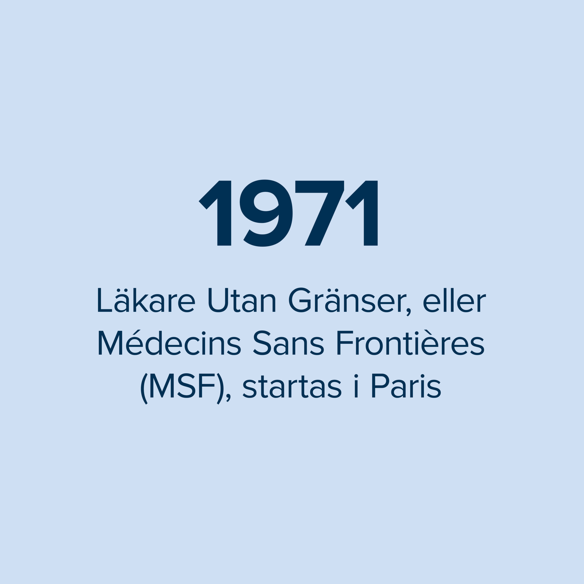 1971  Läkare Utan Gränser, eller Médecins Sans Frontières (MSF), startas i Paris