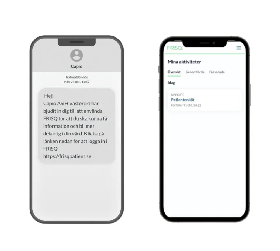 Mobil som fått sms från FRISQ och mobil som är på inloggningssidan till FRISQ